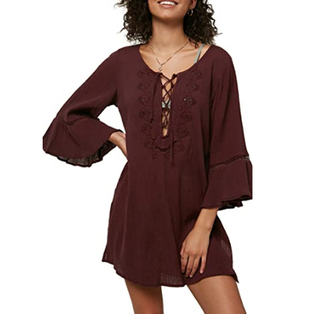 Saltwater Solids 3/4 Sleeve Cover Up Wine S